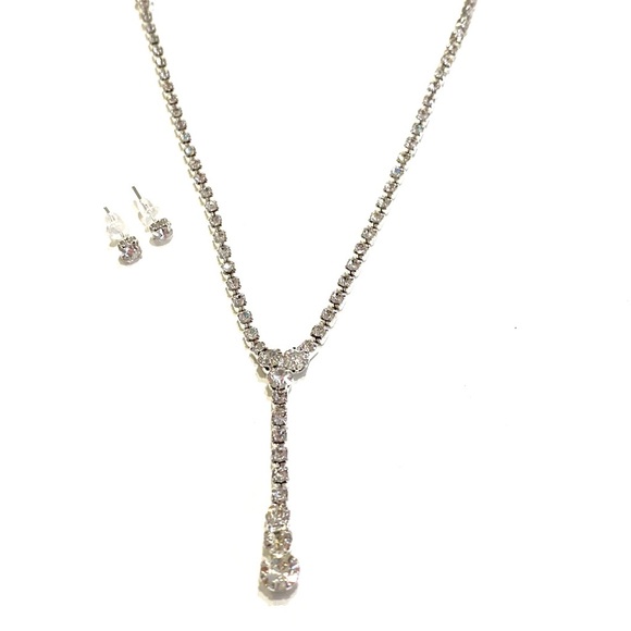 Y Necklace Earrings Set Silver Tone Rhinestone - Picture 5 of 5